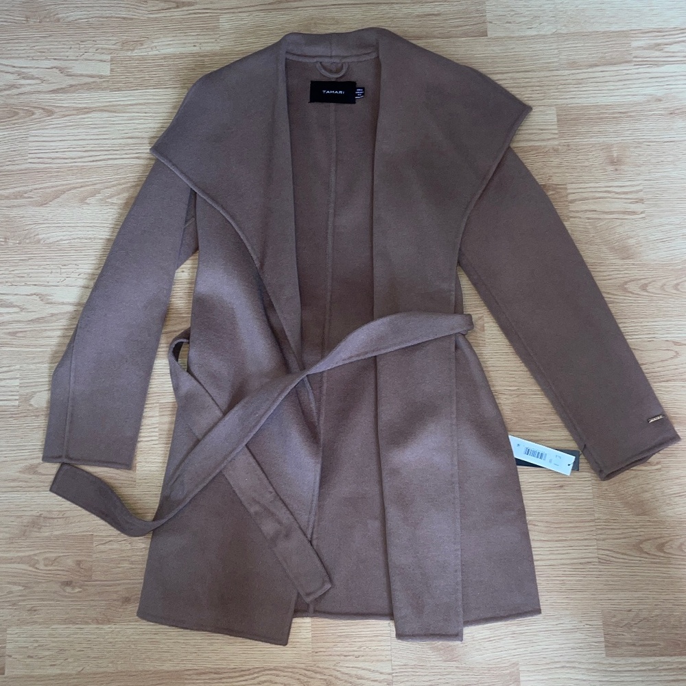 NWT Tahari Light Brown Wool Blend Wrap Coat With Pockets Size Medium